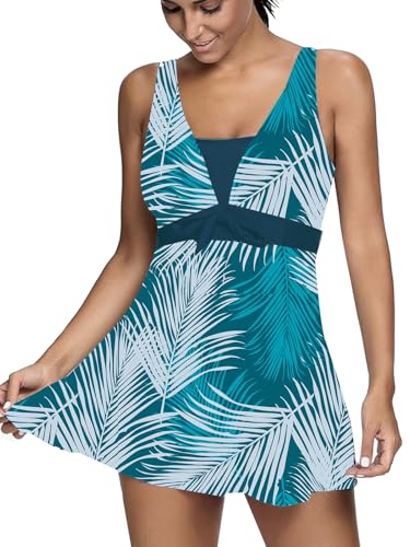 Ecupper Badeanzug Damen Elegant Einteiliger Badeanzug Mit Brustpolster Badeanzugkleid Baderock Türkisblatt L von Ecupper