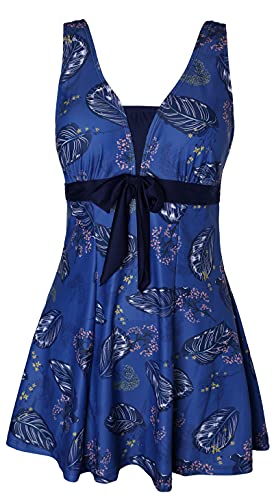 Ecupper Badeanzug Damen Elegant Einteiliger Badeanzug mit Brustpolster Badeanzugkleid mit Schleife Badeanzug Große Größe Blau-Blatt 4XL von Ecupper