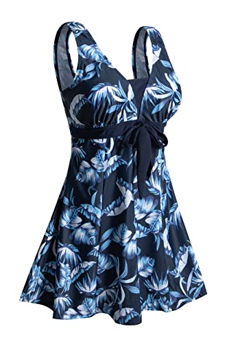 Ecupper Badeanzug Damen Elegant Einteiliger Badeanzug mit Brustpolster Badeanzugkleid mit Schleife Badeanzug Große Größe Blaue Feder 3XL von Ecupper