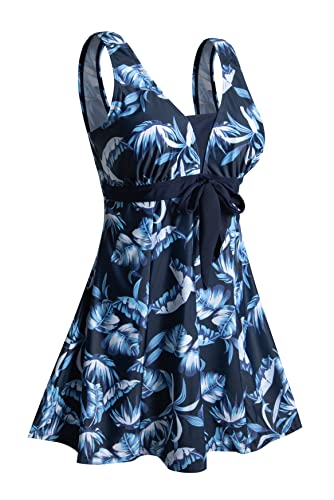 Ecupper Badeanzug Damen Elegant Einteiliger Badeanzug mit Brustpolster Badeanzugkleid mit Schleife Badeanzug Große Größe Blaue Feder L von Ecupper