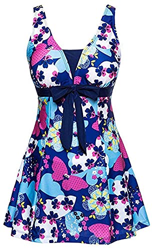 Ecupper Badeanzug Damen Elegant Einteiliger Badeanzug mit Brustpolster Badeanzugkleid mit Schleife Badeanzug Große Größe Dunkel Blau 3XL von Ecupper