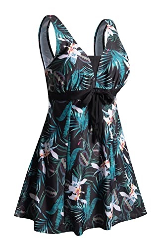 Ecupper Badeanzug Damen Elegant Einteiliger Badeanzug mit Brustpolster Badeanzugkleid mit Schleife Badeanzug Große Größe Grüne Blumen 3XL von Ecupper