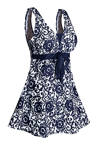 Ecupper Badeanzug Damen Elegant Einteiliger Badeanzug mit Brustpolster Badeanzugkleid mit Schleife Badeanzug Große Größe Marineblau 4XL von Ecupper