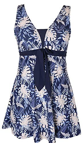 Ecupper Badeanzug Damen Elegant Einteiliger Badeanzug mit Brustpolster Badeanzugkleid mit Schleife Badeanzug Große Größe Marineblau-Blatt 4XL von Ecupper