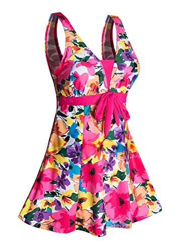 Ecupper Badeanzug Damen Elegant Einteiliger Badeanzug Mit Brustpolster Badeanzugkleid Baderock Rosa M von Ecupper