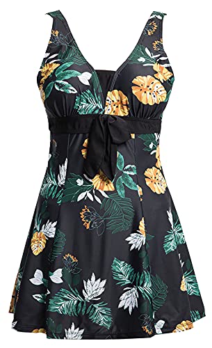 Ecupper Badeanzug Damen Elegant Einteiliger Badeanzug mit Brustpolster Badeanzugkleid mit Schleife Badeanzug Große Größe Schwarz 4XL von Ecupper