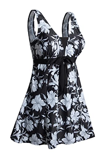 Ecupper Badeanzug Damen Elegant Einteiliger Badeanzug mit Brustpolster Badeanzugkleid mit Schleife Badeanzug Große Größe Weiße Blumen-A 4XL von Ecupper