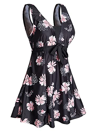 Ecupper Badeanzug Damen Elegant Einteiliger Badeanzug Mit Brustpolster Badeanzugkleid Baderock Rosa Blume 2XL von Ecupper