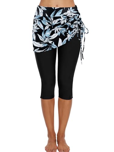 Ecupper Badehose Damen Lang Schwimmhose Capri Badeleggings Mit Rock Schwimm Blaue Blume XXL von Ecupper