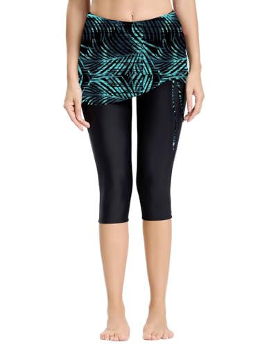 Ecupper Badehose Damen Lang Schwimmhose Capri Badeleggings Mit Rock Schwimm Grünes Blatt L von Ecupper