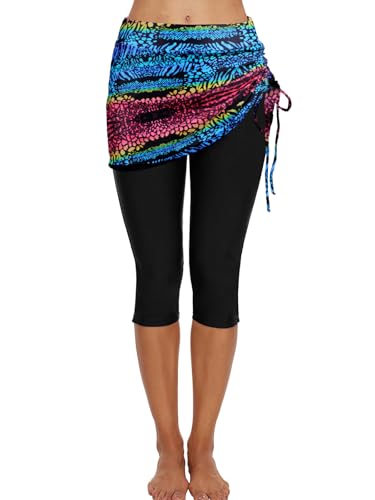 Ecupper Badehose Damen Lang Schwimmhose Capri Badeleggings Mit Rock Schwimm Regenbogen L von Ecupper