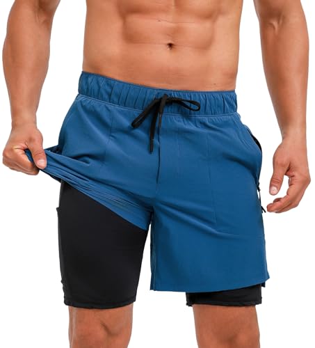 Ecupper Badehose Herren Badeshorts Sport mit Kompression Liner 2 in 1 Schwimmhose Boxershorts Board Shorts Beachshorts Blau 3XL von Ecupper