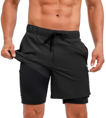 Ecupper Badehose Herren Badeshorts Sport mit Kompression Liner 2 in 1 Schwimmhose Boxershorts Board Shorts Beachshorts Schwarz M von Ecupper