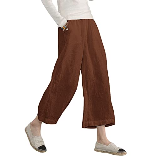 Ecupper Capris Hose Damen Sommer Übergröße Baumwolle Lässig Hose Stoffhose Weitehosen Braun M von Ecupper