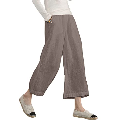 Ecupper Capris Hose Damen Sommer Übergröße Baumwolle Lässig Hose Stoffhose Weitehosen Hellbraun XXL von Ecupper