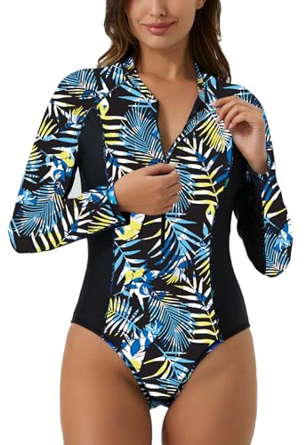 Ecupper Damen Badeanzüge Einteilige Rash Guard Langarm Reißverschluss Surfen Bademode Swimsuit mit BH Grün 50 von Ecupper