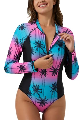 Ecupper Damen Badeanzüge Einteilige Rash Guard Langarm Reißverschluss Surfen Bademode Swimsuit mit BH Rot 44 von Ecupper