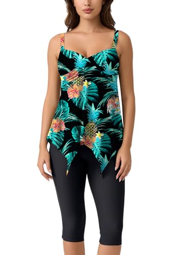 Ecupper Damen Badeanzug Bauchweg Zweiteilig Tankini Set Push Up Elegant Bademoden Große Größen Grünes Blatt M von Ecupper