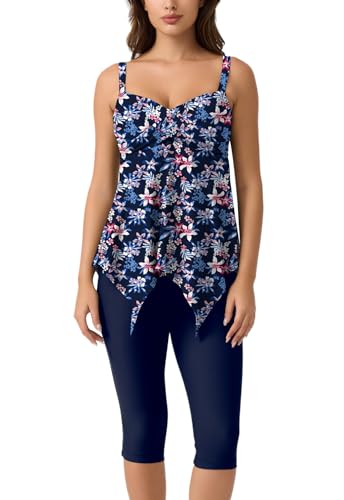 Ecupper Damen Badeanzug Bauchweg Zweiteilig Tankini Set Push Up Elegant Bademoden Große Größen Marineblume 2XL Ecupper Damen Badeanzug Bauchweg Zweiteilig Tankini Set Push Up Elegant Bademoden Große Größen Marineblume 2XL von Ecupper