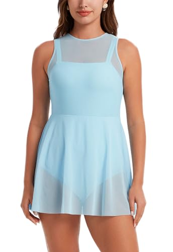 Ecupper Damen Badeanzug Einteiler Hoher Ausschnitt Mesh Badeanzüge Röckchen Fließend Bauchfrei Badekleid Eingebaute Slips Blau S von Ecupper