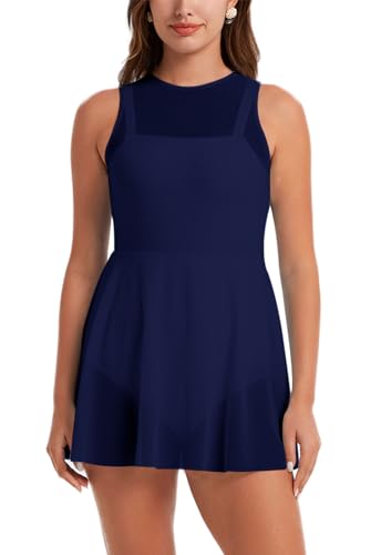 Ecupper Damen Badeanzug Einteiler Hoher Ausschnitt Mesh Badeanzüge Röckchen Fließend Bauchfrei Badekleid Eingebaute Slips Marineblau 2XL von Ecupper