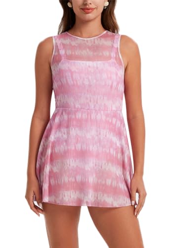 Ecupper Damen Badeanzug Einteiler Hoher Ausschnitt Mesh Badeanzüge Röckchen Fließend Bauchfrei Badekleid Eingebaute Slips Rosa XL von Ecupper