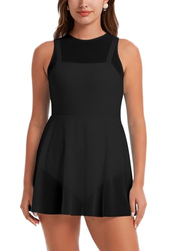 Ecupper Damen Badeanzug Einteiler Hoher Ausschnitt Mesh Badeanzüge Röckchen Fließend Bauchfrei Badekleid Eingebaute Slips Schwarz M von Ecupper