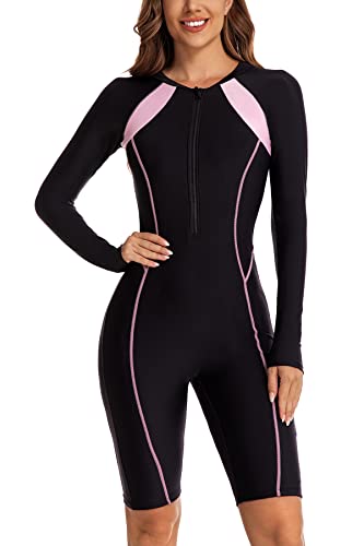 Ecupper Damen Badeanzug Einteiler Rash Guard Zip Up Lange Ärmel Surfen Bademode Gebaut in BH Badeanzüge Reißverschluss(Neoprenfrei) Schwarz-I M von Ecupper
