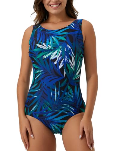 Ecupper Damen Badeanzug Einteilige U-Ausschnitt Vintage Monokini Floral Badebekleidung Tummy Control Bademode mit BH Push Up Marineblau 46 von Ecupper