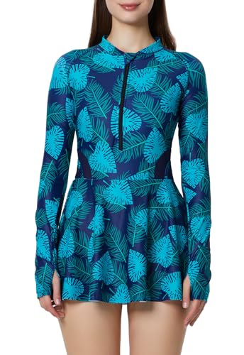 Ecupper Damen Badeanzug Langarm Rash Guard Modest One Piece Zipper Swim Dress Badeanzug mit Boyshorts Surfen Grün M von Ecupper