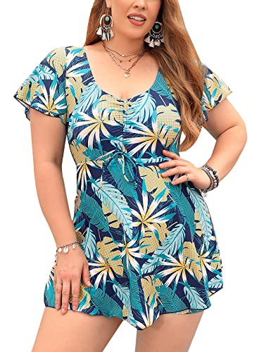 Ecupper Damen Badekleid High Waist Blumen Muster Einteiler Badeanzug mit Shorts Badeanzugkleid Große Größe Blaues Blatt XL von Ecupper