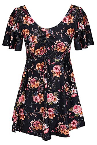 Ecupper Damen Badekleid High Waist Blumen Muster Einteiler Badeanzug mit Shorts Badeanzugkleid Große Größe Rosa Blume 3XL von Ecupper