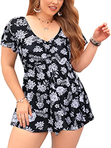 Ecupper Damen Badekleid High Waist Blumen Muster Einteiler Badeanzug mit Shorts Badeanzugkleid Große Größe Schwarze Blume XXL von Ecupper