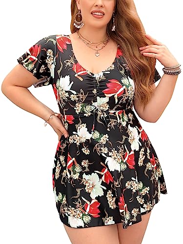 Ecupper Damen Badekleid High Waist Blumen Muster Einteiler Badeanzug mit Shorts Badeanzugkleid Große Größe Schwarze Lilien XXL von Ecupper