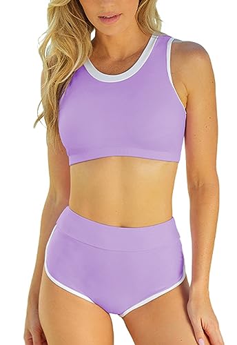 Ecupper Damen Bikini Set Push Up Badeanzug Zweiteiliger Swimsuit High Waist Bademode Lila M von Ecupper