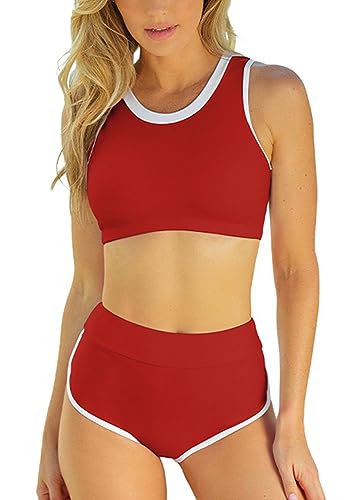 Ecupper Damen Bikini Set Push Up Badeanzug Zweiteiliger Swimsuit High Waist Bademode Rot L von Ecupper