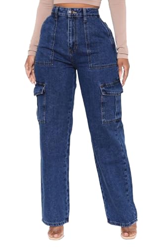 Ecupper Damen Cargo Hose Jeans mit Taschen Y2K High Waist Workwear Outdoorhose Relaxed-Fit Jogginghose Baggy Weit Dunkelblau L von Ecupper