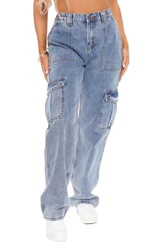 Ecupper Damen Cargo Hose Jeans mit Taschen Y2K High Waist Workwear Outdoorhose Relaxed-Fit Jogginghose Baggy Weit Hellblau S von Ecupper