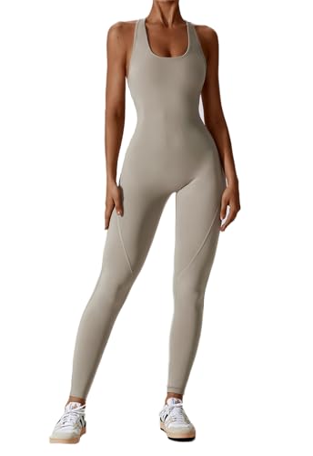 Ecupper Damen Einteilige Training Jumpsuit Racerback Bodysuit ärmellose Romper voller Länge rückenfrei Yoga Shapewear Mokka S von Ecupper