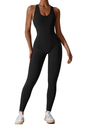 Ecupper Damen Einteilige Training Jumpsuit Racerback Bodysuit ärmellose Romper voller Länge rückenfrei Yoga Shapewear Schwarz M von Ecupper