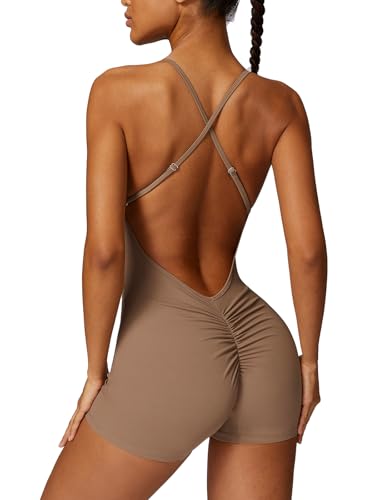 Ecupper Damen Jumpsuits Sommer Einteiler Ärmellos Gym Rompers Rückenfrei Tummy Control Yoga Bodysuit Workout Bodycon Braun XL von Ecupper