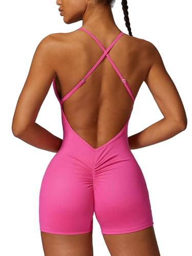 Ecupper Damen Jumpsuits Sommer Einteiler Ärmellos Gym Rompers Rückenfrei Tummy Control Yoga Bodysuit Workout Bodycon Rosenrot M von Ecupper