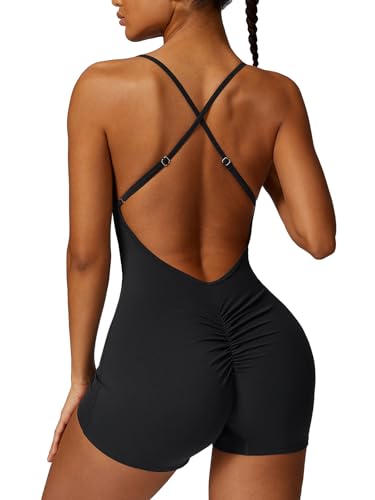 Ecupper Damen Jumpsuits Sommer Einteiler Ärmellos Gym Rompers Rückenfrei Tummy Control Yoga Bodysuit Workout Bodycon Schwarz M von Ecupper