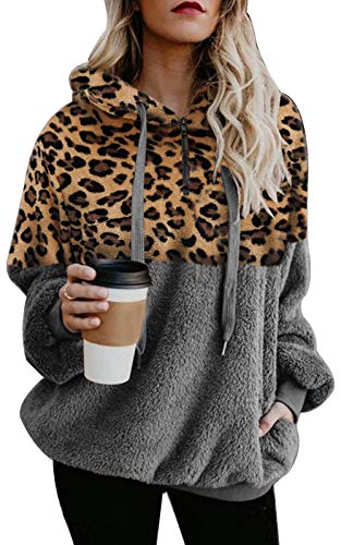 Ecupper Damen Kapuzenpullover Fleece Hoodie mit reißverschluss Oversize Warm Sweatshirt mit Kapuze Leopard-Grau L von Ecupper
