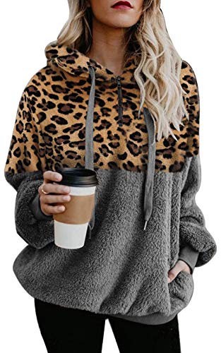 Ecupper Damen Kapuzenpullover Fleece Hoodie mit reißverschluss Oversize Warm Sweatshirt mit Kapuze Leopard-Grau XL von Ecupper