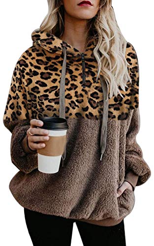 Ecupper Damen Kapuzenpullover Fleece Hoodie mit reißverschluss Oversize Warm Sweatshirt mit Kapuze Leopard-Khaki M von Ecupper