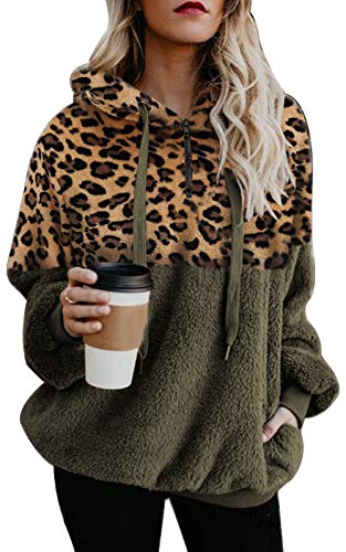 Ecupper Damen Kapuzenpullover Fleece Hoodie mit reißverschluss Oversize Warm Sweatshirt mit Kapuze Leopard-Olivgrün S von Ecupper