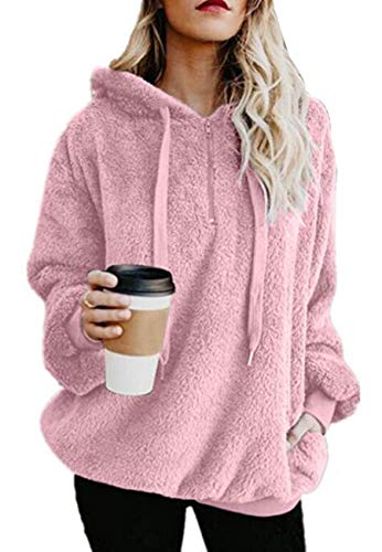 Ecupper Damen Kapuzenpullover Fleece Hoodie mit reißverschluss Oversize Warm Sweatshirt mit Kapuze Rein Rosa L von Ecupper