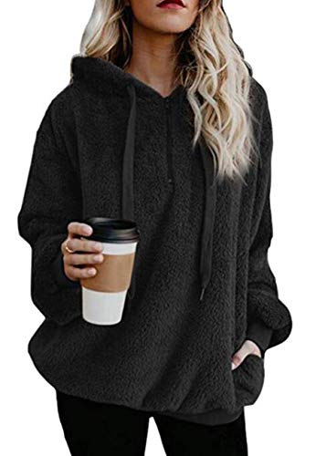 Ecupper Damen Kapuzenpullover Fleece Hoodie mit reißverschluss Oversize Warm Sweatshirt mit Kapuze Rein Schwarz XL von Ecupper