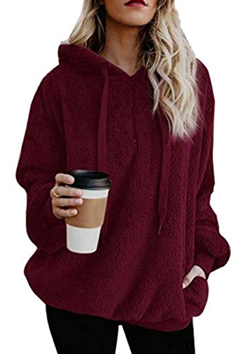 Ecupper Damen Kapuzenpullover Fleece Hoodie mit reißverschluss Oversize Warm Sweatshirt mit Kapuze Rein Weinrot-M von Ecupper